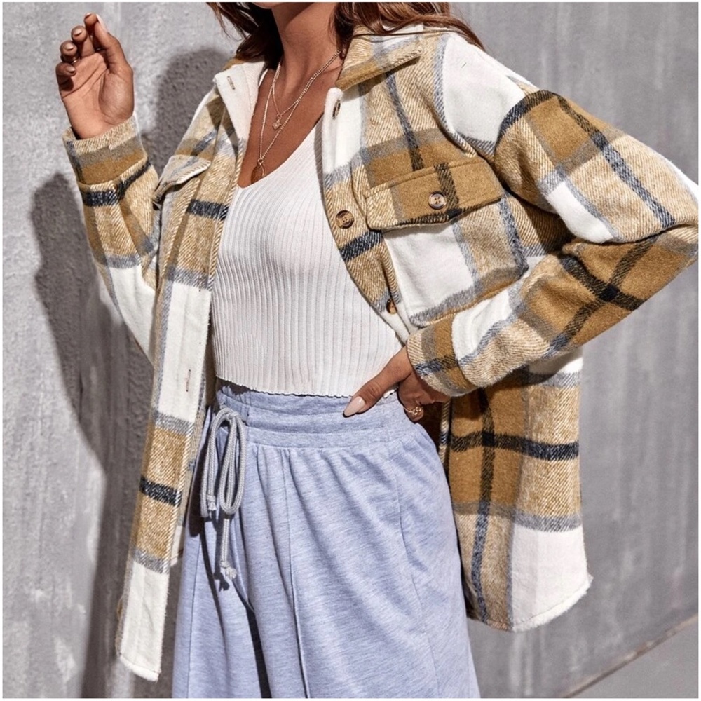 Cozy Plaid Pocket Button Down Oversized Jacket Shacket - Picture 6 of 9